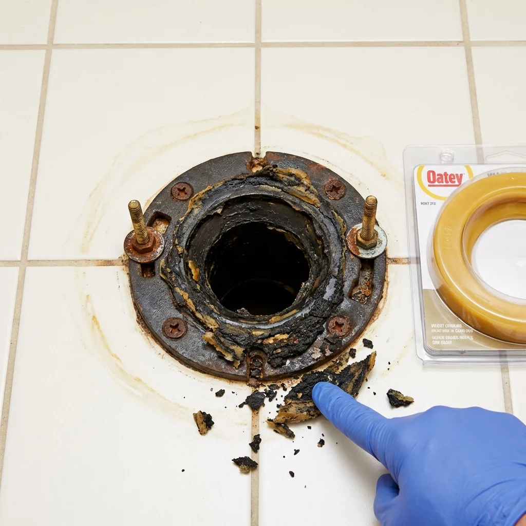 Failed wax ring showing water seepage at the base of a toilet in a Leesburg, AL home