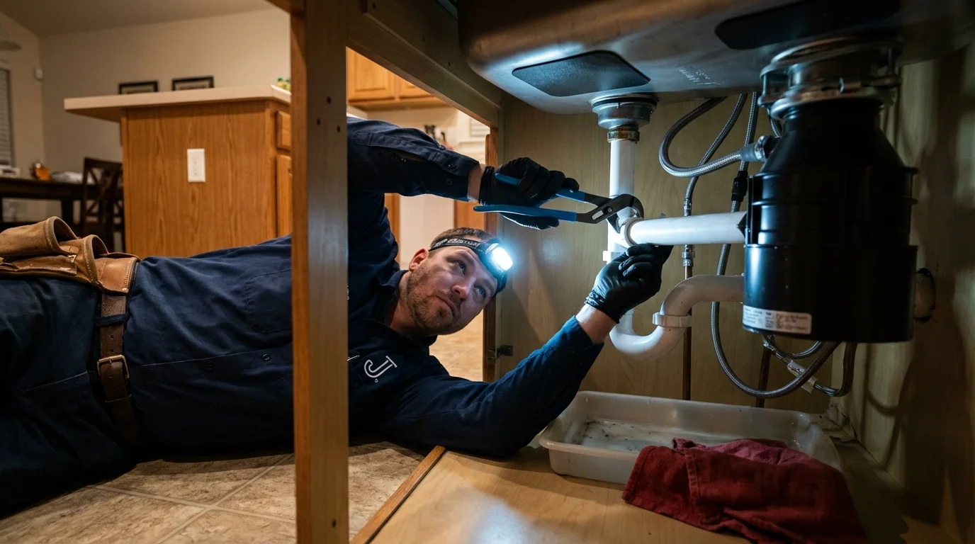 P-trap and supply line connections under a kitchen sink showing a common leak point in Leesburg, AL